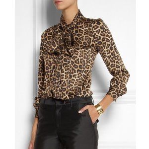 Michael Kors Leopard Print Pussy Bow Secretary Blouse Animal Print Neck Tie Top